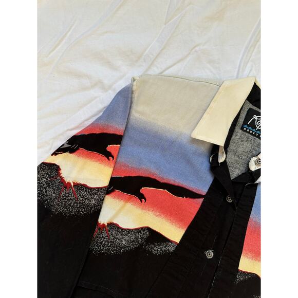 Rare Vintage Roper Rodeo Blue Sunset Bird Black Button Down Women’s Shirt - Picture 2 of 5